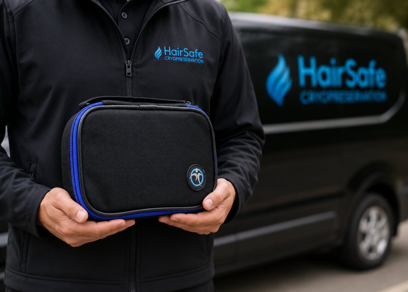 HairSafe koerier met medische koeltas voor follikeltransport